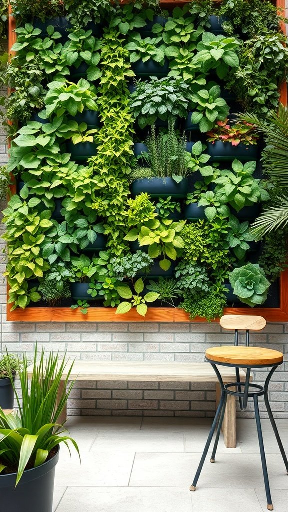 A lush vertical garden with various plants mounted on a wall, accompanied by a wooden bench and a stool.