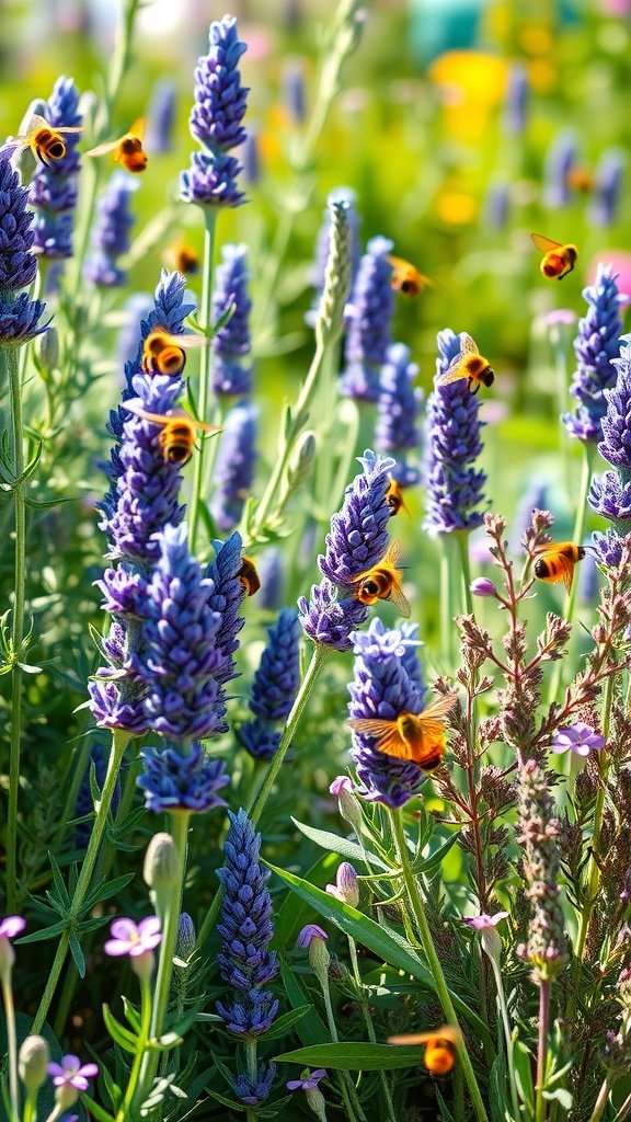 Aromatic lavender flowers with bees buzzing around in a colorful garden.