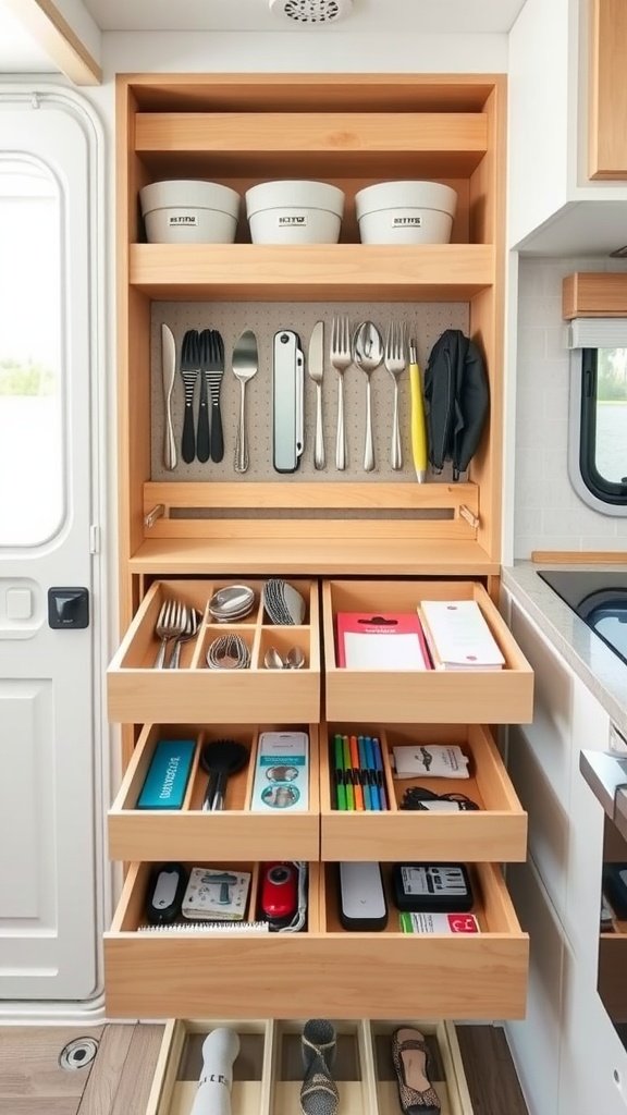 Organized RV kitchen drawers with utensils and office supplies, showcasing effective use of drawer dividers.