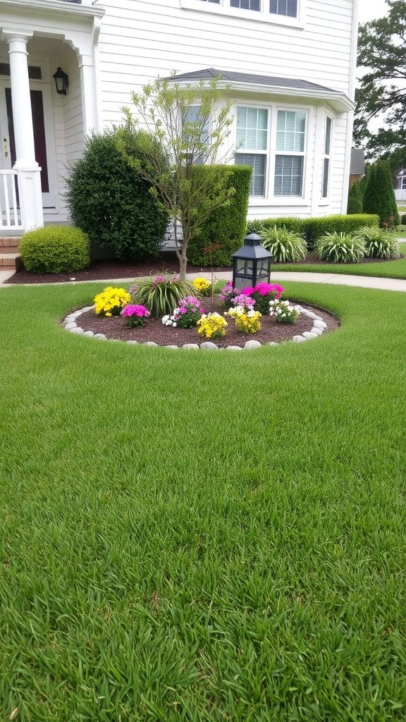 A beautifully landscaped front yard with flower beds and neatly trimmed grass.