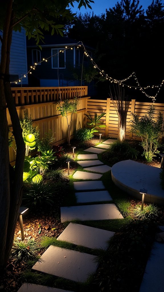 A small garden path illuminated at night with lights, featuring a cozy ambiance.
