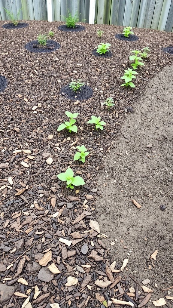 A sloped garden with young plants growing through dark mulch.