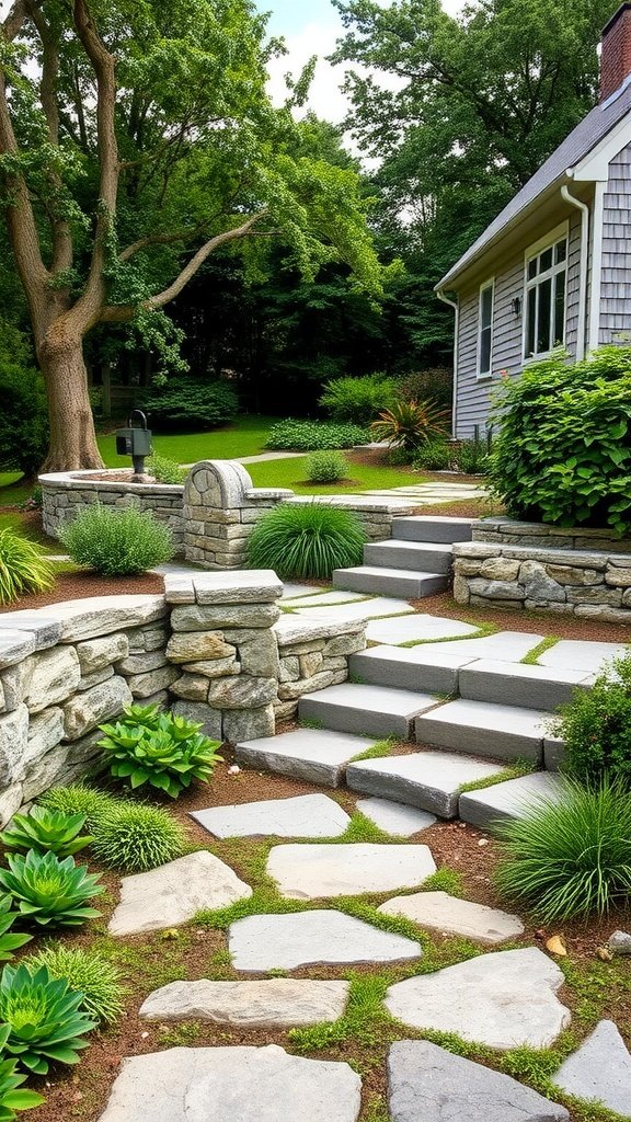 Natural stone steps and wall leading to a Cape Cod house surrounded by greenery