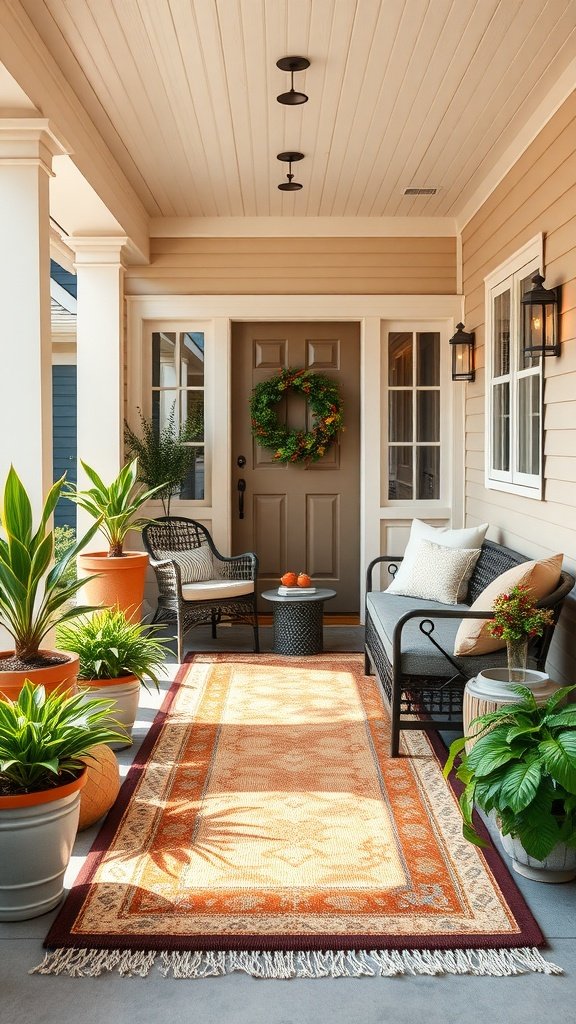 A cozy front porch with a stylish outdoor rug, potted plants, and seating arrangement.