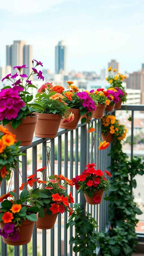 A colorful display of flowers in pots hanging from a balcony railing with high-rise buildings in the background.