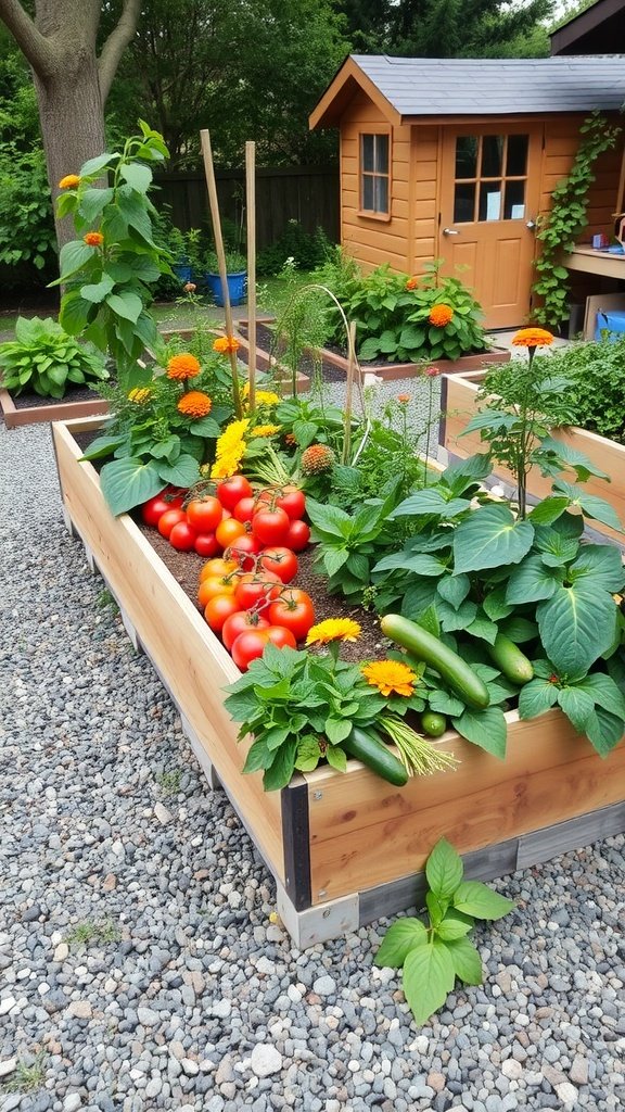 A colorful raised garden bed filled with tomatoes, cucumbers, and flowers, alongside a cozy garden shed.