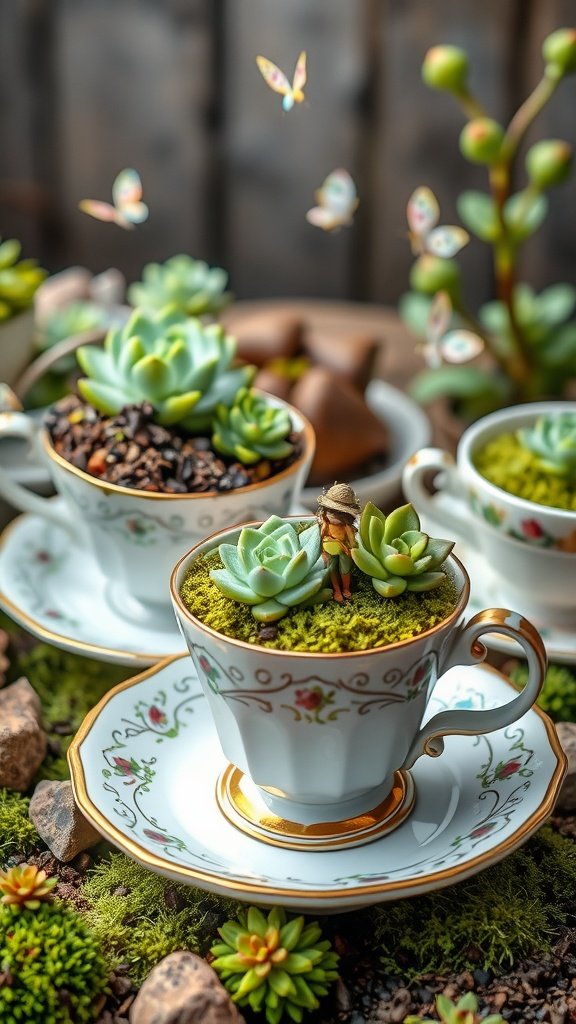 Teacups used as planters in a fairy garden with succulents and a small figure.