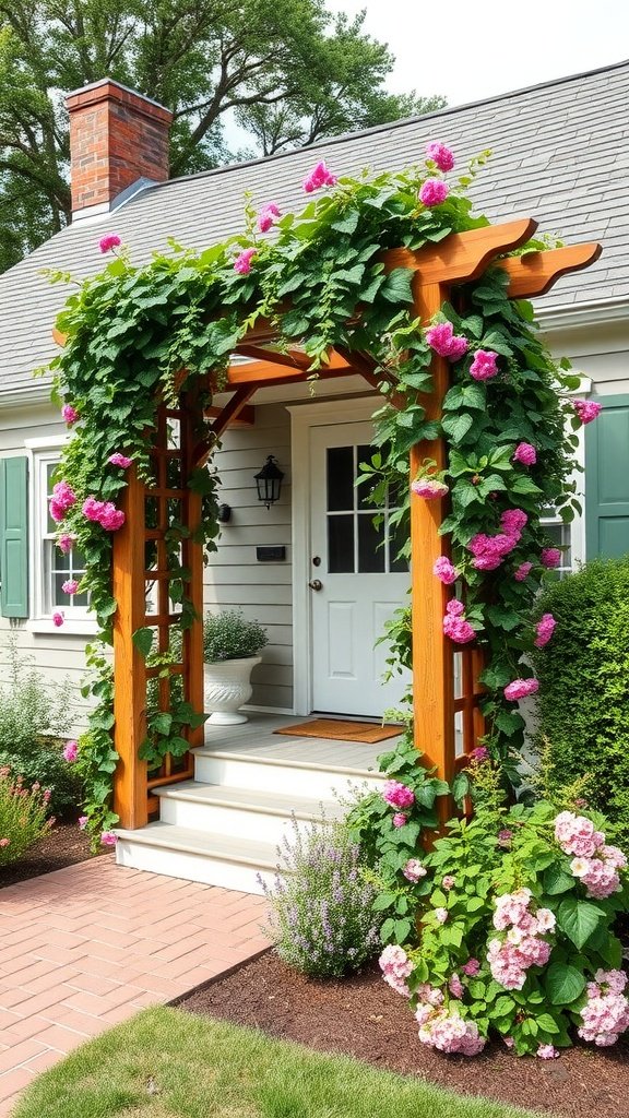 A wooden trellis covered with climbing plants and flowers at the entrance of a Cape Cod house.