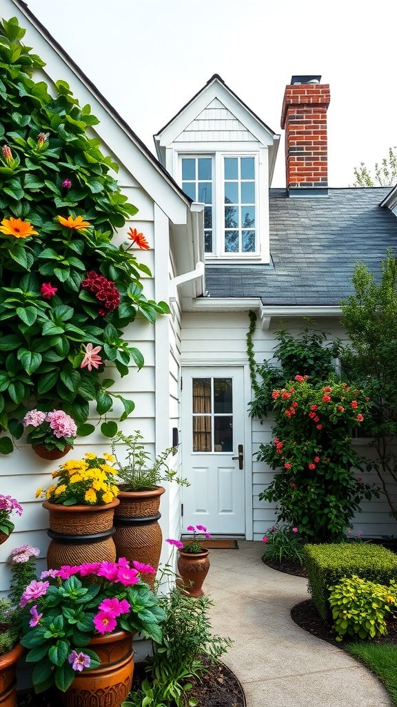 A charming Cape Cod house with vertical gardening and colorful potted plants at the entrance.