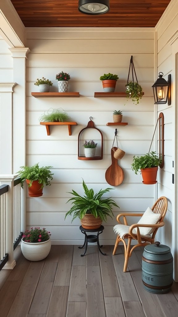 A rustic farmhouse front porch with plant shelves and decorative items.