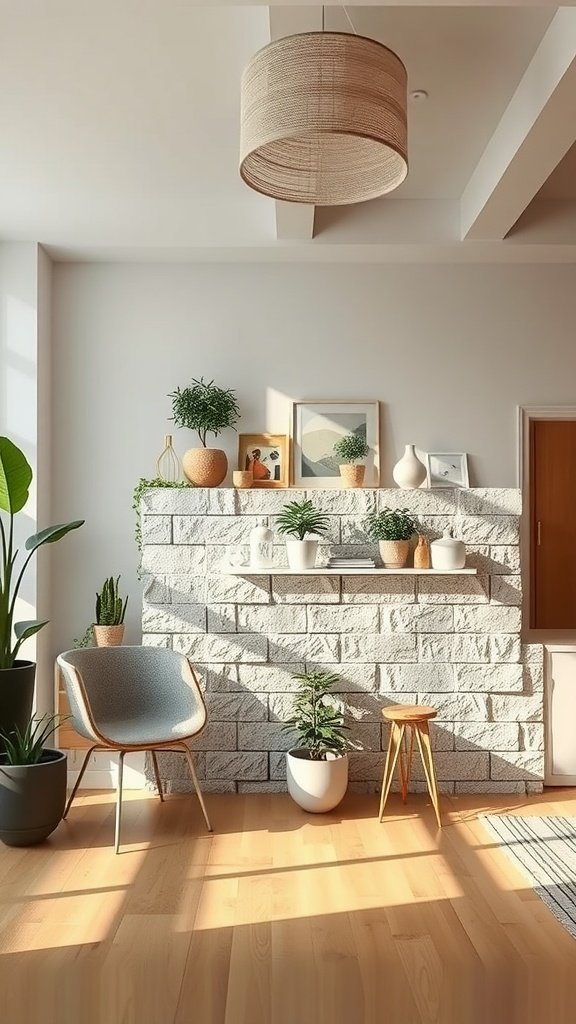 A cozy room featuring a cinder block wall as a room divider, adorned with plants and decorative items.