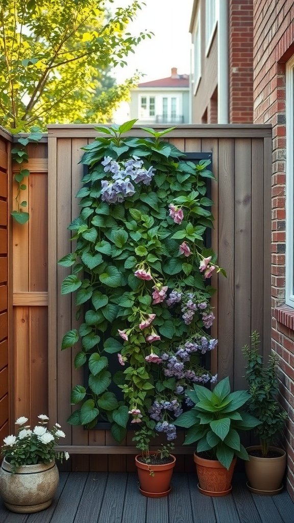 A vertical garden featuring colorful climbing plants against a wooden wall, with potted plants at the base.