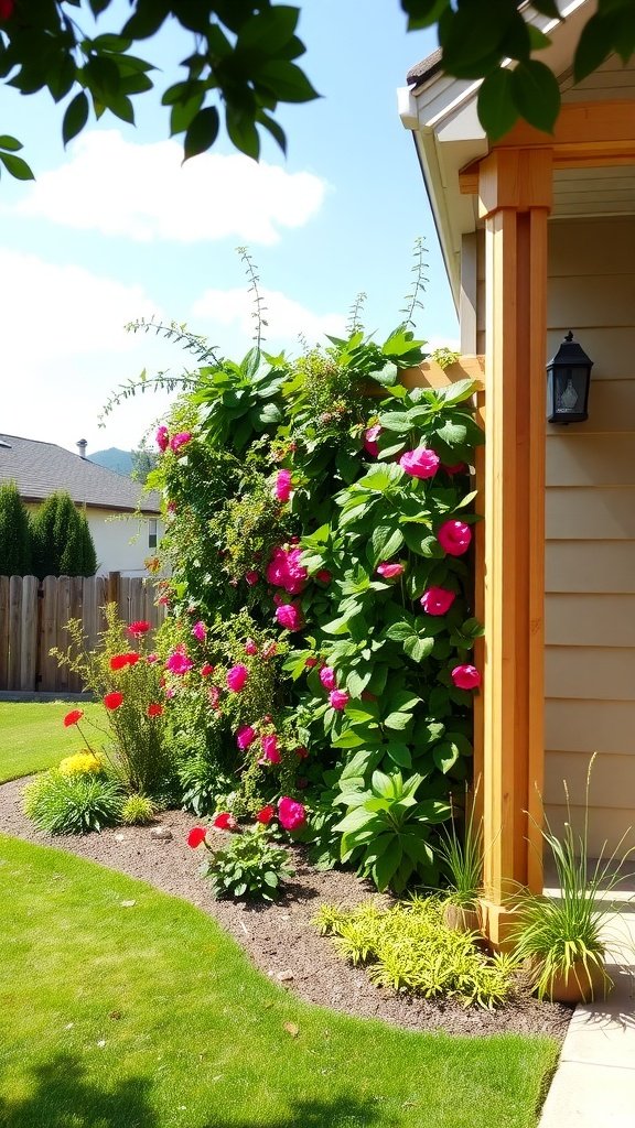 A vibrant vertical garden with pink flowers and lush greenery next to a house.