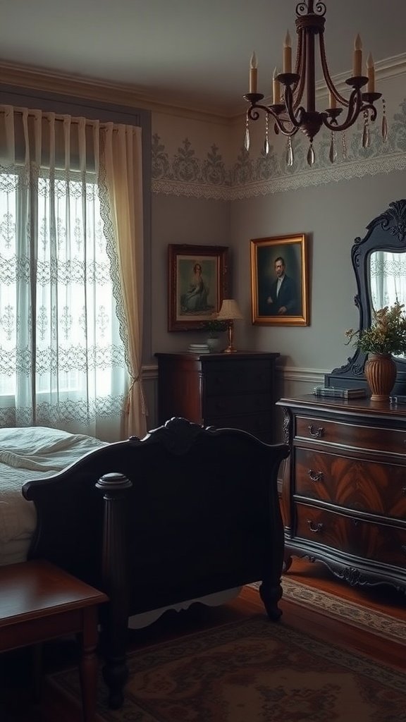 A vintage bedroom with dark furniture, lace curtains, and framed portraits, exuding warmth and charm.