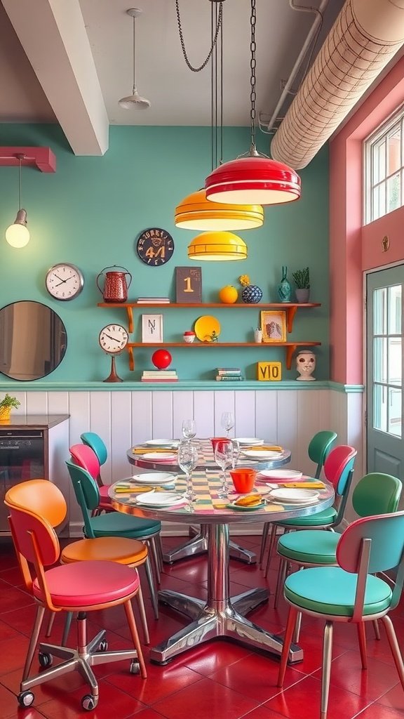 A colorful dining area featuring a round table with a checkered pattern and vibrant chairs, bright pendant lights, and quirky wall decor.