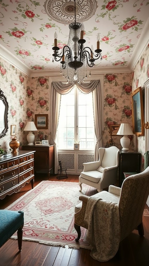 Cozy vintage guest bedroom with floral wallpaper, a chandelier, and elegant furniture.