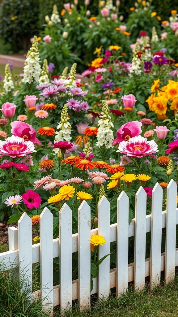 Colorful flower bed with a vintage white picket fence