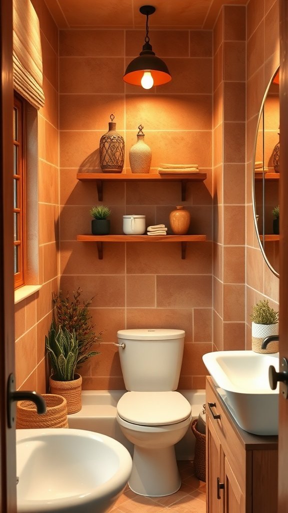 A small, cozy bathroom featuring earthy tones with terracotta tiles and wooden shelves.