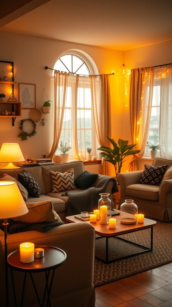 A cozy living room with warm lighting from lamps and candles, creating a comforting atmosphere.