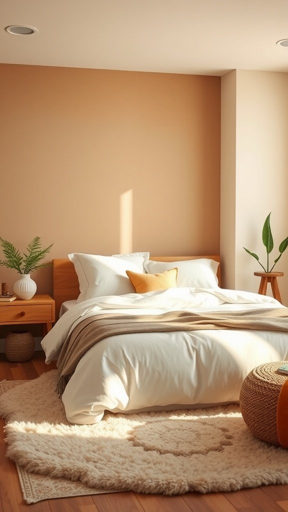 A cozy bedroom with warm beige walls, inviting bedding, and a touch of greenery.