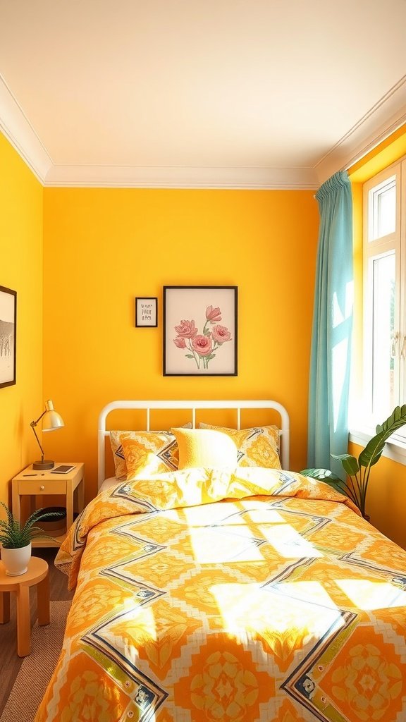 A bright small bedroom with warm yellow walls, a white bed, and cheerful decor.