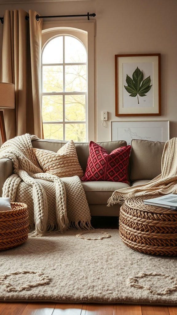 Cozy living room with a couch, knit blankets, and decorative pillows