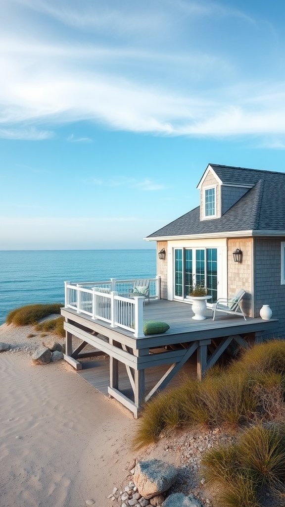 Luxury Cape Cod house with a deck by the sea, showcasing coastal design elements