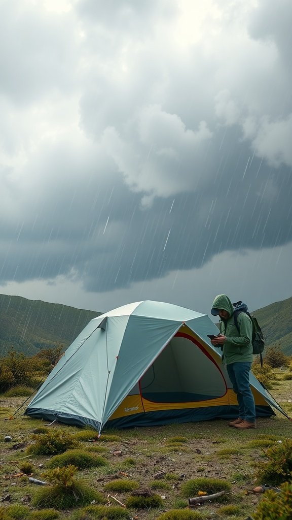 A person checking their phone outside a waterproof tent in the rain, surrounded by mountains.