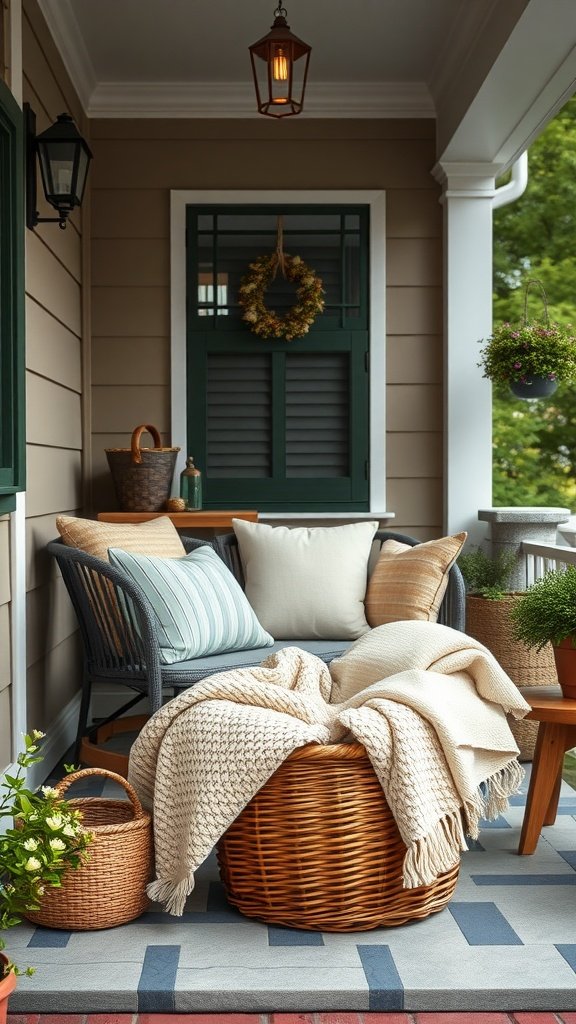 A cozy front porch adorned with blankets and cushions, showcasing a welcoming atmosphere.