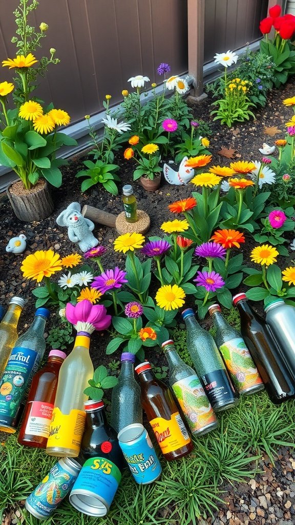 A colorful flower bed with various flowers and arranged recycled bottles as edging.