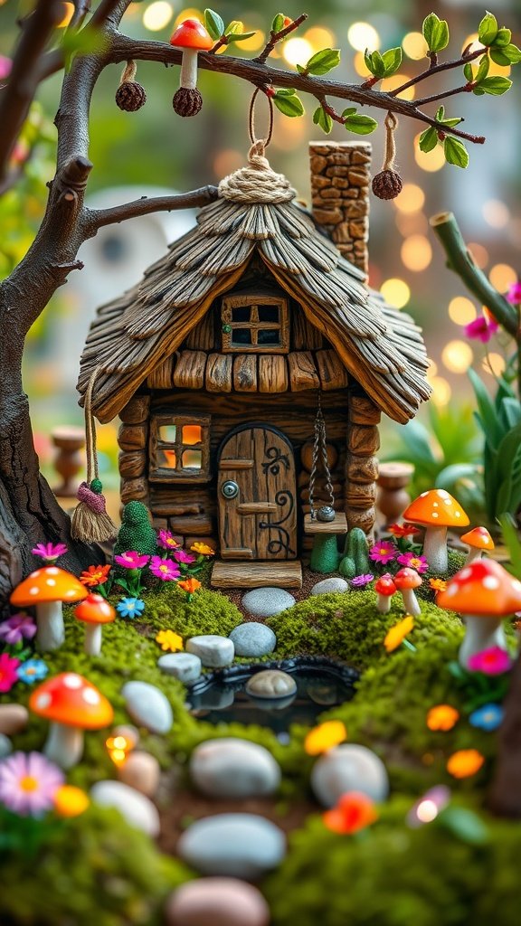 A charming fairy garden with a wooden cottage, colorful flowers, and whimsical mushrooms.