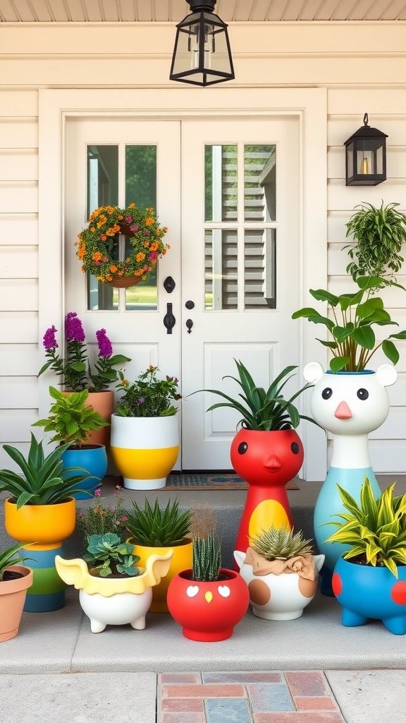 A collection of whimsical, uniquely shaped planters in various colors on a front porch