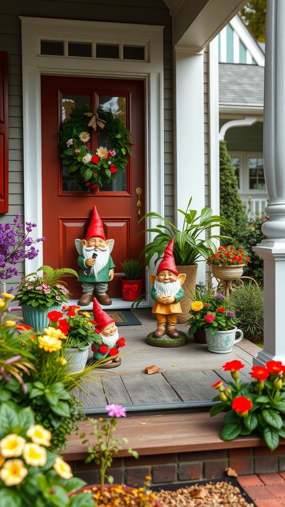 A front porch decorated with colorful garden gnomes and vibrant flowers, creating a whimsical atmosphere.