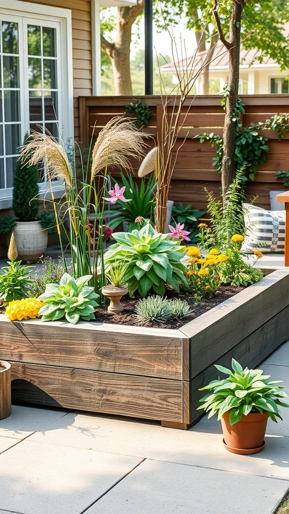 A wildlife-friendly raised garden bed with a variety of colorful plants and flowers.