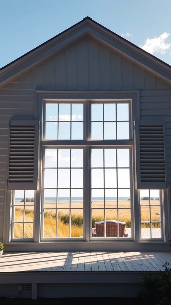 Large window in a Cape Cod house with shutters, overlooking a scenic view