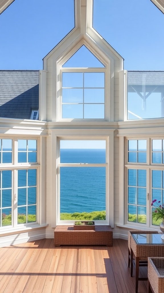 A bright room with large windows overlooking the ocean, featuring wooden flooring and modern furnishings.