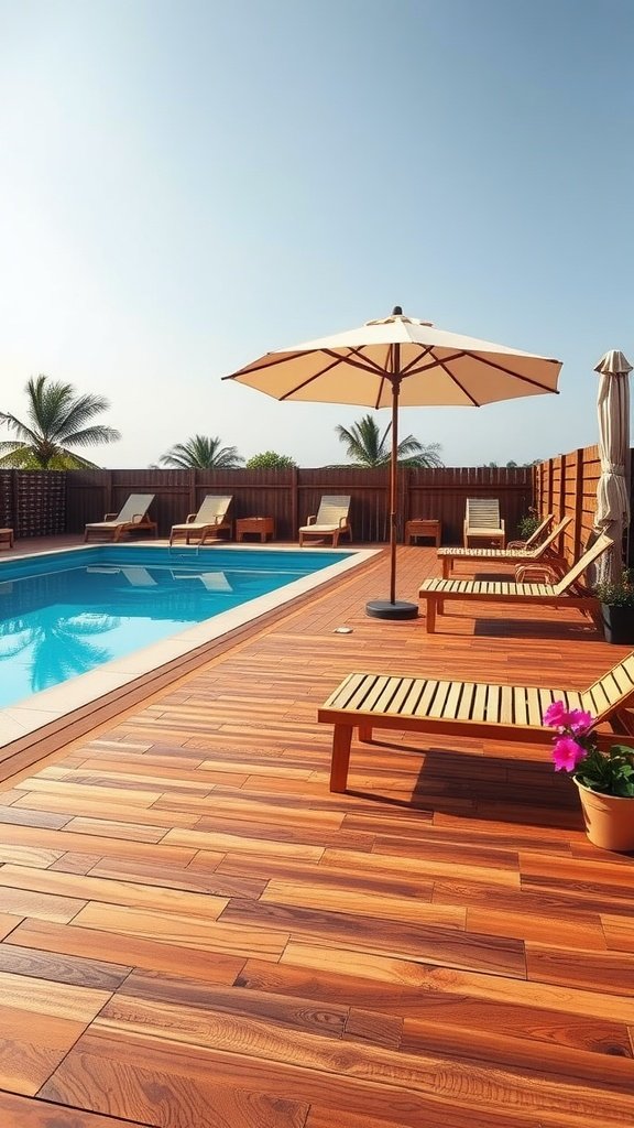 A wooden deck surrounding a swimming pool with loungers and an umbrella under a clear sky.