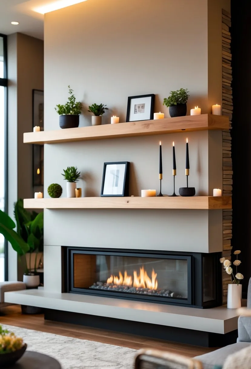 A modern living room with a fireplace and a floating shelf above it, decorated with plants and small decorative items.