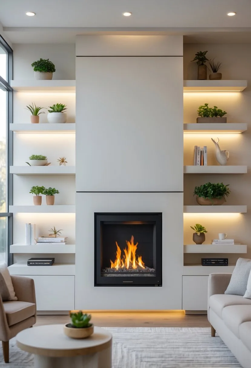 Living room with a fireplace flanked by matching floating shelves decorated with plants and books.
