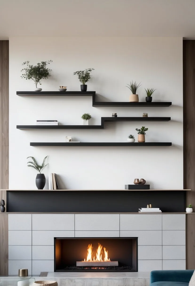 Living room with a fireplace and asymmetrical floating shelves displaying decorative items.