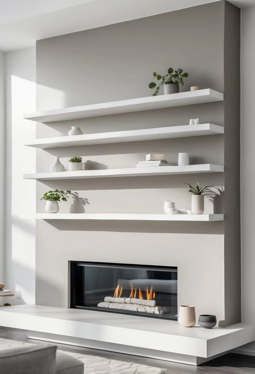 A living room with white floating shelves on a plain fireplace wall displaying decorative items.