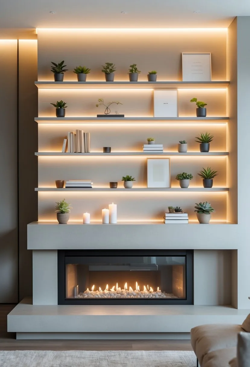 Living room with a fireplace and floating shelves of different lengths arranged above it, decorated with plants, books, and candles.
