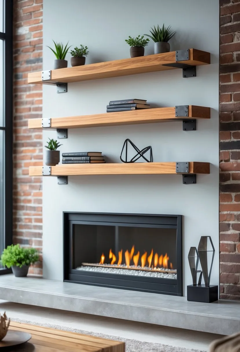Living room with a fireplace and a wooden floating shelf holding decorative items above it.