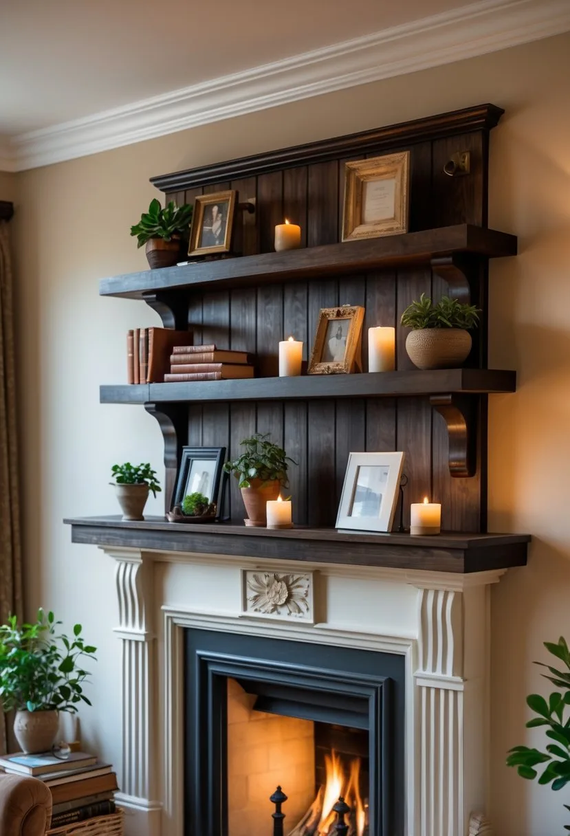A living room with dark wooden floating shelves above a fireplace, decorated with books, plants, and candles.