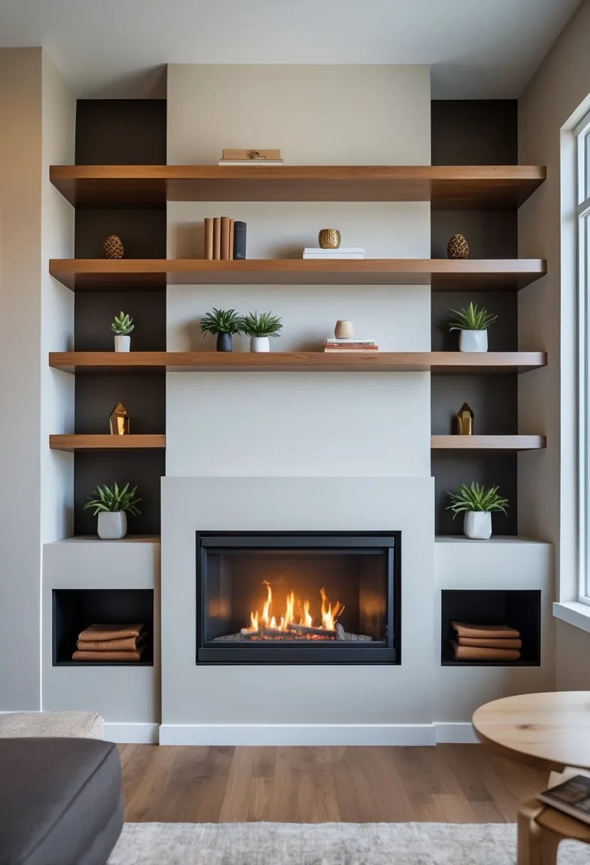Living room with a fireplace flanked by built-in nooks and floating shelves holding books and plants.