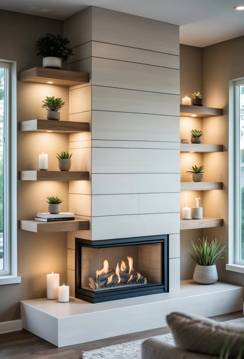 Living room with corner floating shelves wrapping around a fireplace chimney decorated with plants and books.