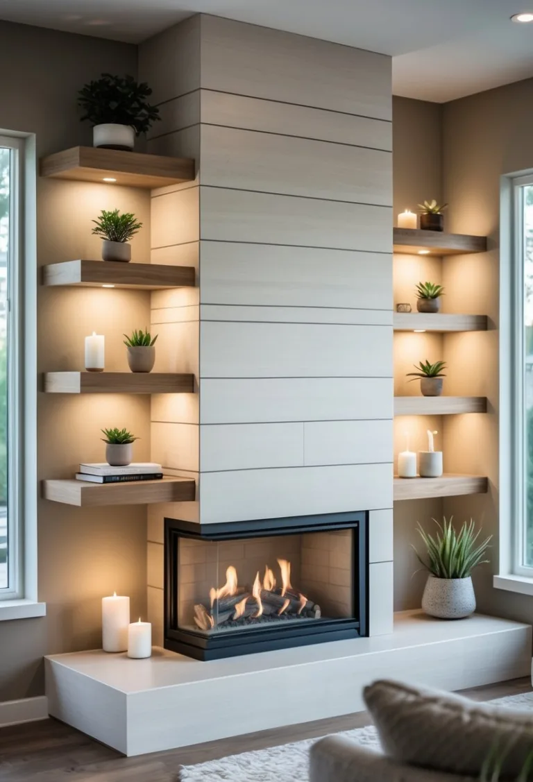 Living room with corner floating shelves wrapping around a fireplace chimney decorated with plants and books.