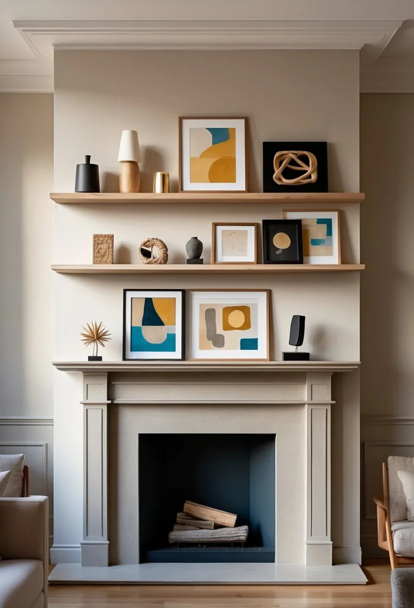 Living room with a wide floating shelf above a fireplace mantel displaying various art pieces.