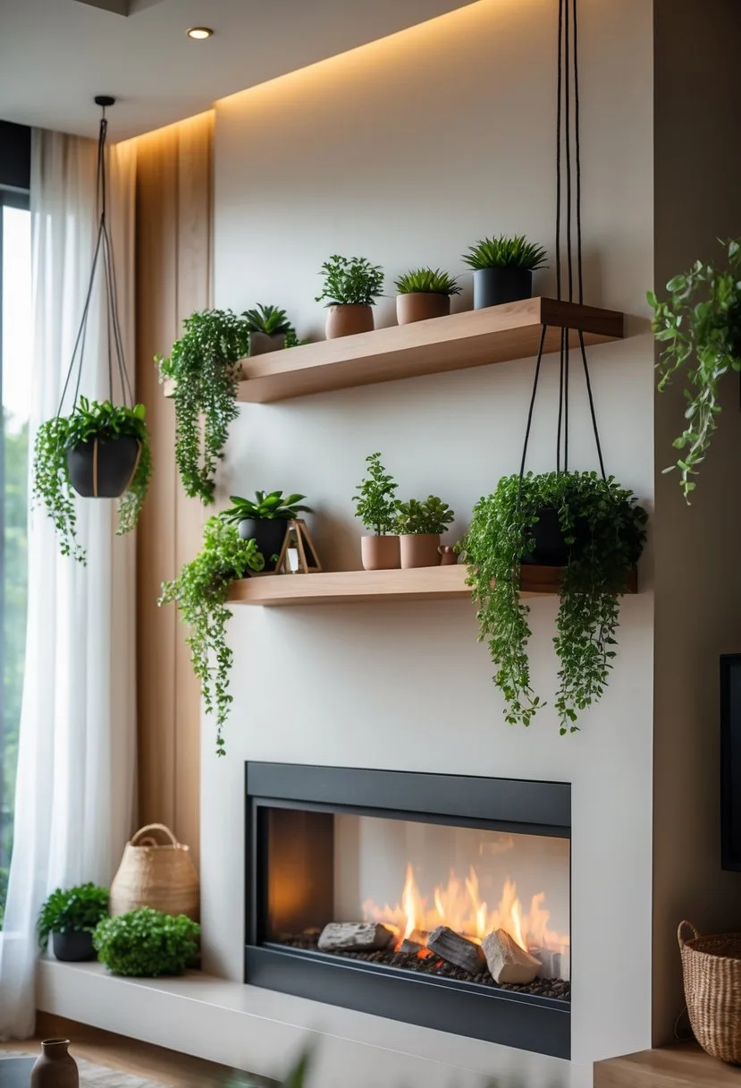 A living room with a fireplace, a wooden floating shelf above it, and hanging green plants creating a cozy atmosphere.