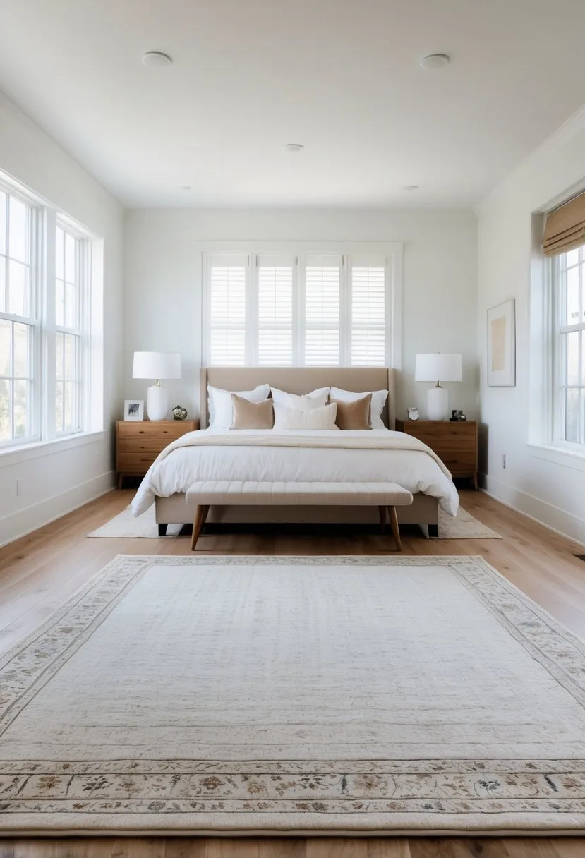 A king-size bed on a large area rug in a bright, spacious bedroom with wooden floors and natural light.